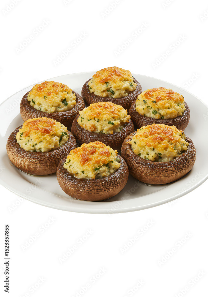Isolated Delicious Stuffed Mushrooms on a White Plate Appetizer Gourmet Isolated Delicious Stuffed Mushrooms on a White Plate Appetizer Gourmet