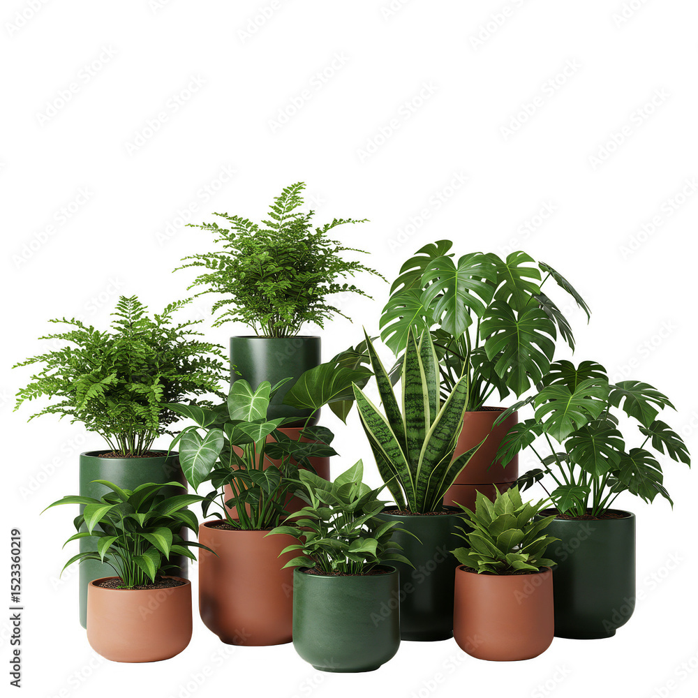 Fototapeta premium Group of Potted Green Plants with Foliage on Transparent Background