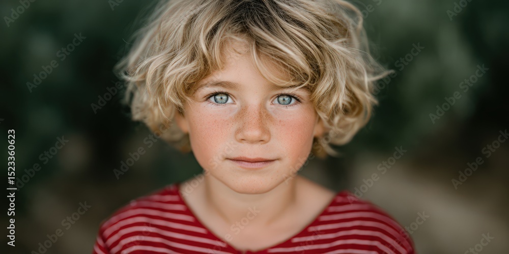 Naklejka premium Young boy with curly hair displaying bright blue eyes wearing a casual striped shirt against a soft blurred background showcasing innocence and curiosity in a serene portrait