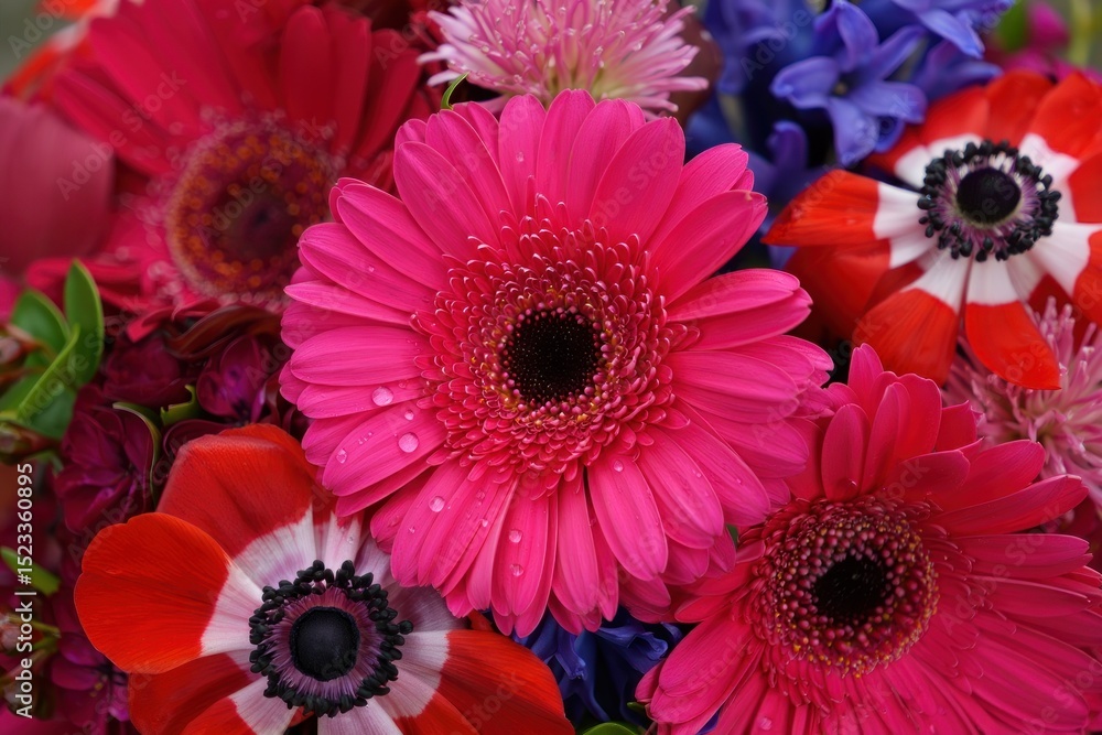 Fototapeta premium Close-up of a vibrant bouquet featuring pink gerbera daisies, red and white anemones, purple hyacinths, and other colorful flowers with water droplets