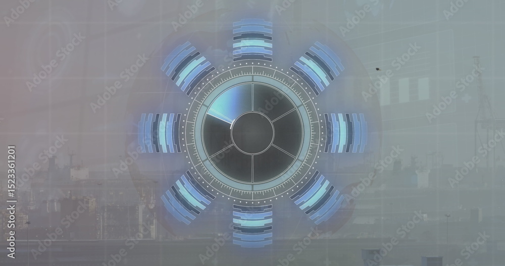 Fototapeta premium Image of round scanner and statistical data processing against aerial view of cityscape