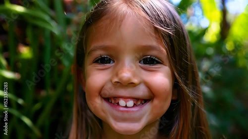 Wallpaper Mural Happy caucasian child with long light brown hair grins joyfully, showing missing front teeth, standing among vibrant greenery and plants Torontodigital.ca