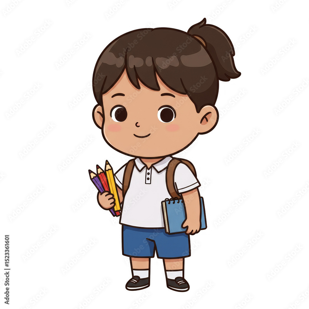 Illustration Of Schoolgirl Student In Blue Uniform With Book And Pencils Illustration Of Schoolgirl Student In Blue Uniform With Book And Pencils