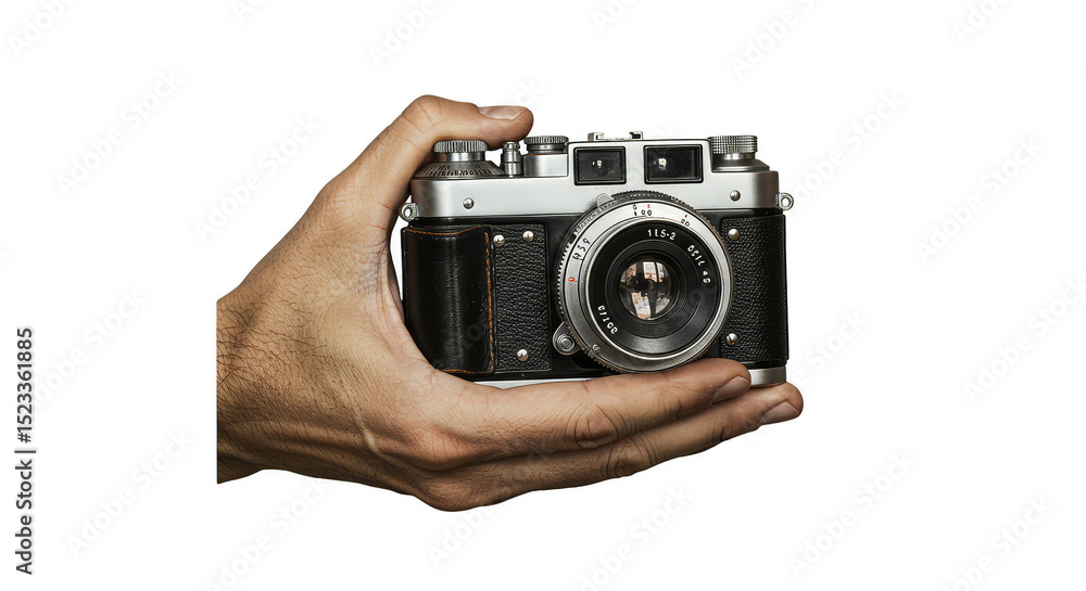 Fototapeta premium Isolated Hand Holding Vintage Camera Lens with Transparent Background