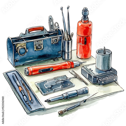 Soldering Equipment, watercolor illustration vector, high quality, isolated on a white background.