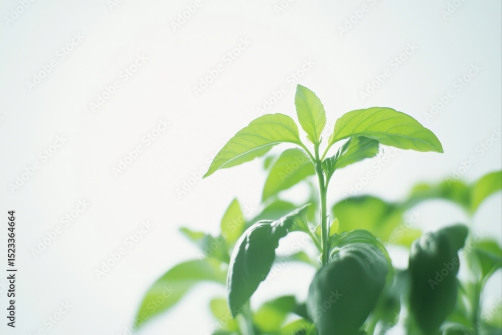 Obraz premium Green plant with leaves against a bright setting for botanical studies and nature photography