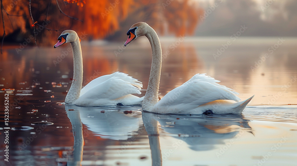 Fototapeta premium Tranquil Dusk: Majestic Swans Grace Glassy Waters