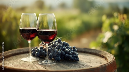 Two glasses of red wine on oak barrel with grapes