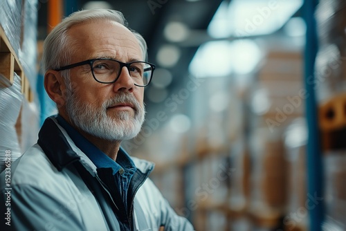 Senior Warehouse Manager in Thoughtful Portrait. Experienced Professional in Logistics and Retail Storage Environment