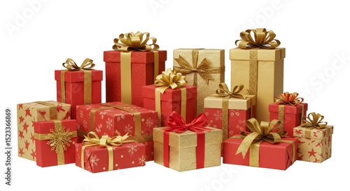 Isolated Still Life of Christmas Presents with Red and Gold Theme