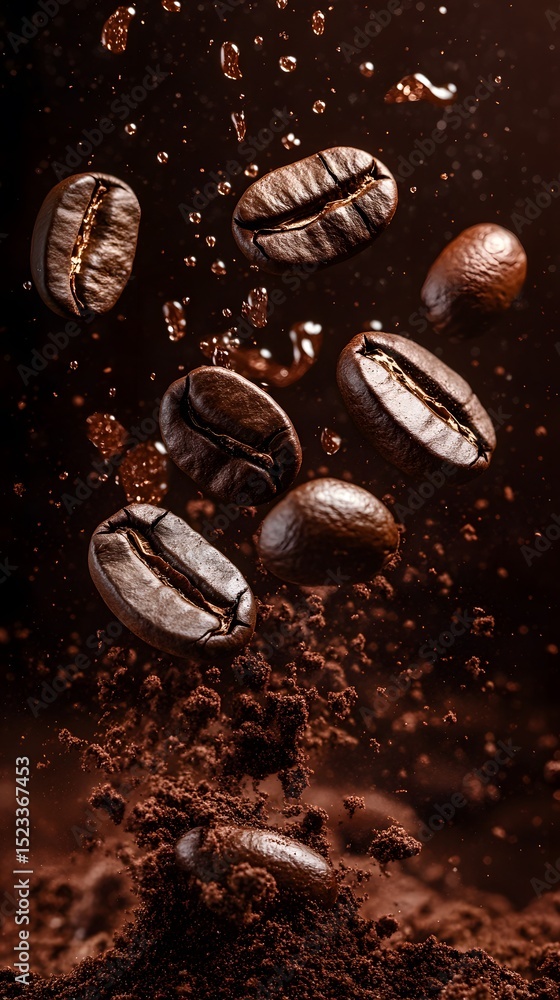 Coffee beans and grounds in motion. Coffee beans and grounds in motion.