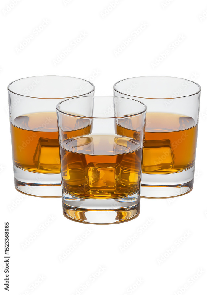 Isolated Three Glasses Whiskey with Ice Alcohol Transparent Background Isolated Three Glasses Whiskey with Ice Alcohol Transparent Background