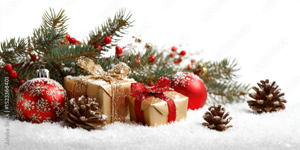 Christmas decorations and pine cones arranged on fresh snow in a bright winter setting. Christmas decorations and pine cones arranged on fresh snow in a bright winter setting.