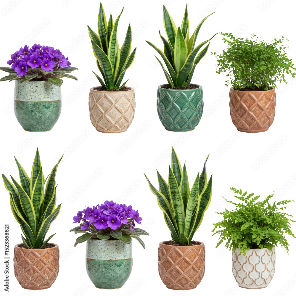 Fototapeta premium Isolated Potted Plants Assortment Foliage Greenery Flora on Transparent Background
