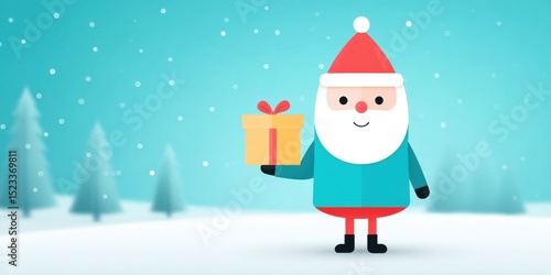 Wallpaper Mural Cartoon Santa Claus holding a gift in a snowy winter landscape with clear sky and pine trees. Torontodigital.ca