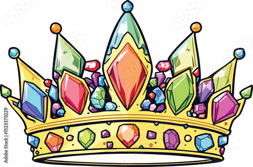 Vibrant cartoon crown featuring colorful jewels and sparkling gems in a vector style.