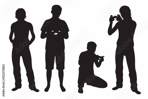 Silhouettes of four people with two holding cameras and one holding a gaming controller device