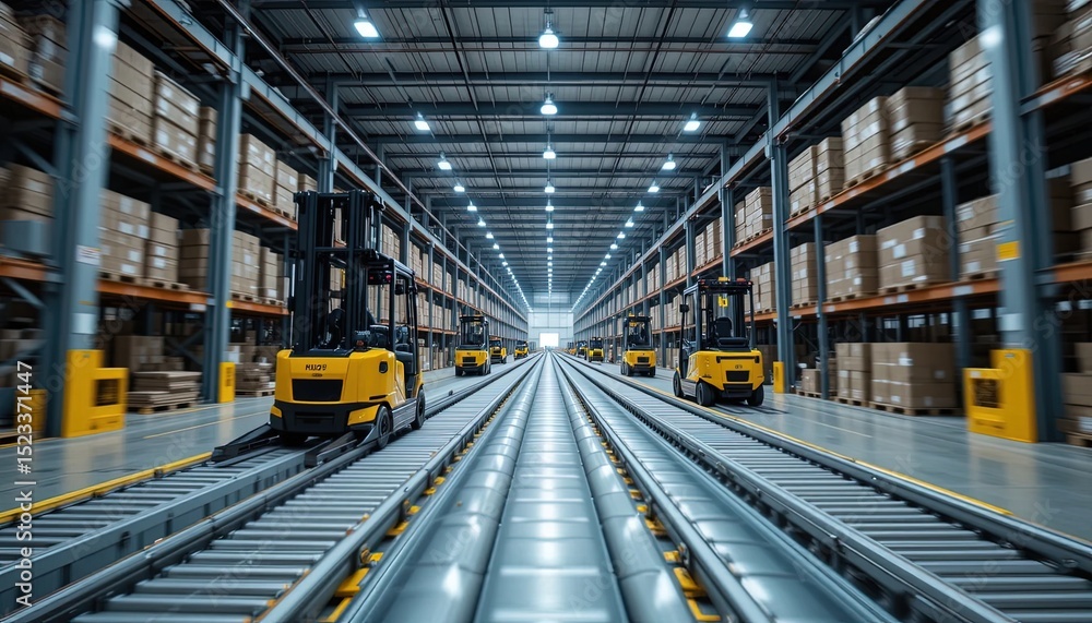 Fototapeta premium Automated forklift transport system in a large warehouse.