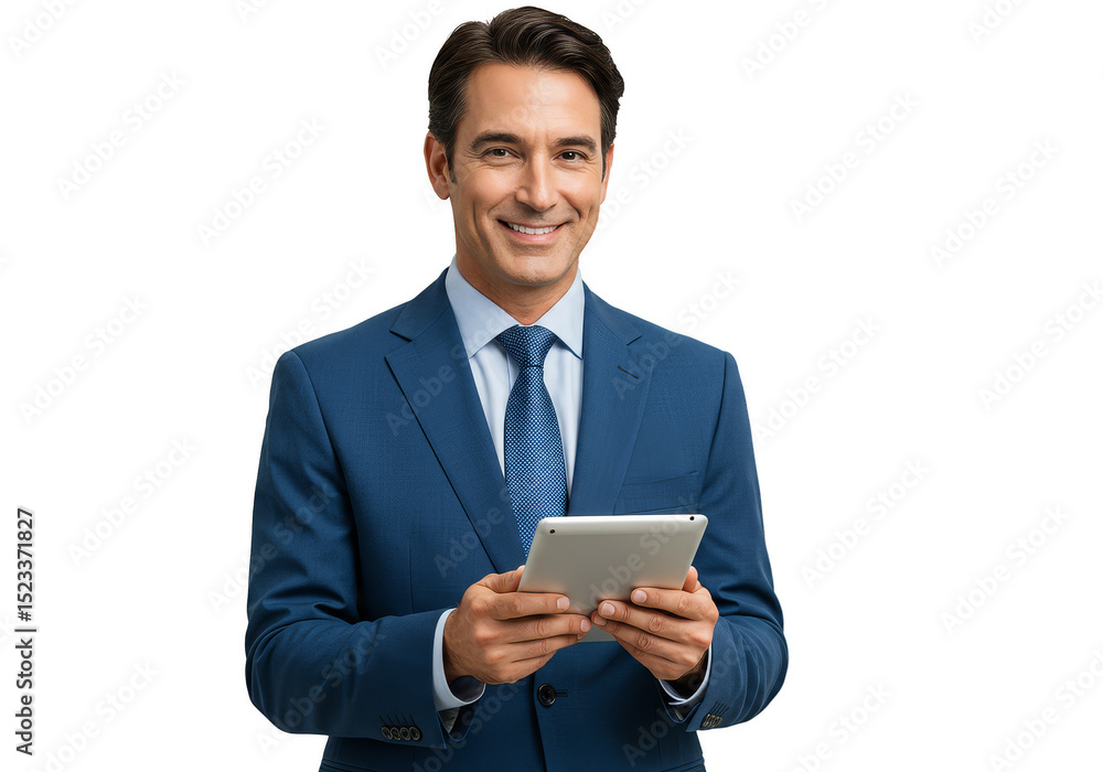 Isolated Businessman Holding Tablet Wearing Suit On Transparent Background Isolated Businessman Holding Tablet Wearing Suit On Transparent Background