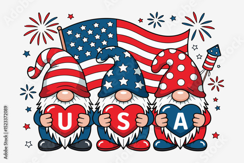 Patriotic Gnomes Holding USA Hearts, American Flag and Fireworks, 4th of July Cartoon Vector Illustration