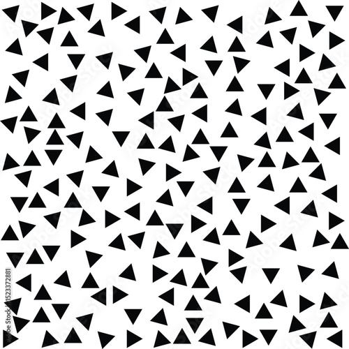 Seamless Abstract Triangle Vector Pattern – Black & White Geometric Design with Memphis-Inspired Chaos, Scattered Shapes, and Trendy Hipster Texture