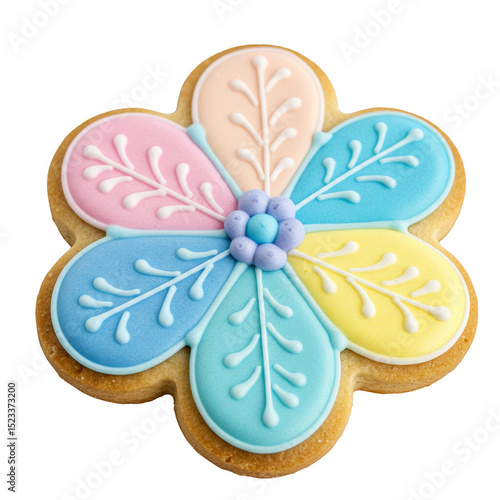 Isolated Transparent Background Flower Cookie with Blue Pink and Yellow Icing