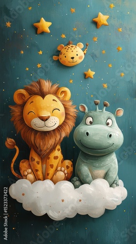 illustration of a lion cub, baby giraffe, and hippo sitting on a cloud above the stars, cute nursery art print, watercolor and pencil sketch style, soft toy-like characters, ideal for baby room decor.