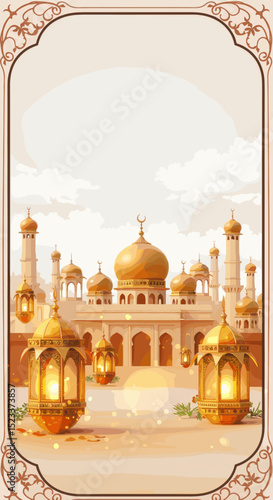 A serene scene featuring a palace with golden domes, surrounded by traditional lanterns. The architecture reflects a Middle Eastern or South Asian design, with intricate details and a soft, warm color