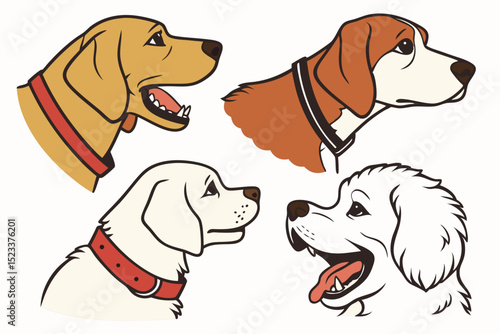 Illustration of four dog heads with different breeds and collar designs in side profile view art style