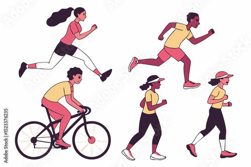 Illustrations of people running cycling and exercising in athletic wear on a white background image vector