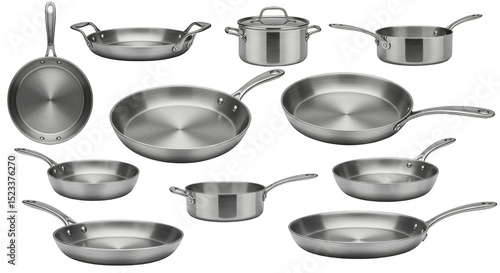 Isolated Transparent Background Of Stainless Steel Cookware Pots and Pans Set