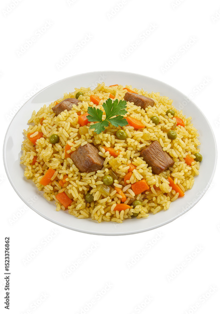 Isolated Pilaf Rice with Meat Carrots and Peas on Plate Background Isolated Pilaf Rice with Meat Carrots and Peas on Plate Background