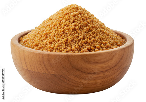 Isolated Pile of Brown Sugar in Wooden Bowl with Transparent Background