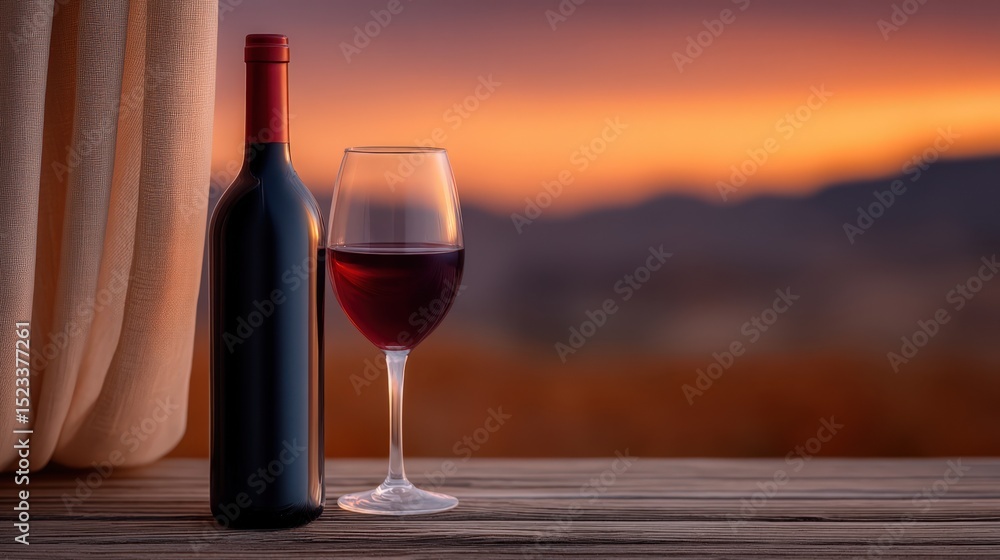 Fototapeta premium Elegant red wine bottle and glass beautifully presented against a warm sunset backdrop showcasing serene moments of relaxation and tranquility perfect for romantic evenings