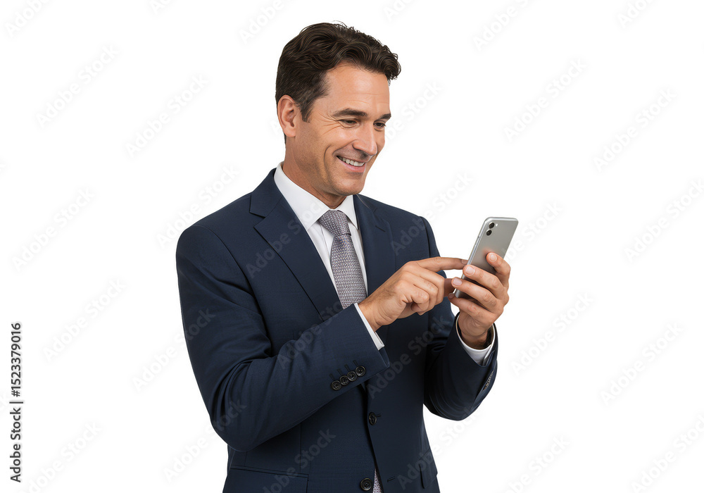 Isolated Portrait of a Man in Suit Holding Smartphone on Transparent Isolated Portrait of a Man in Suit Holding Smartphone on Transparent
