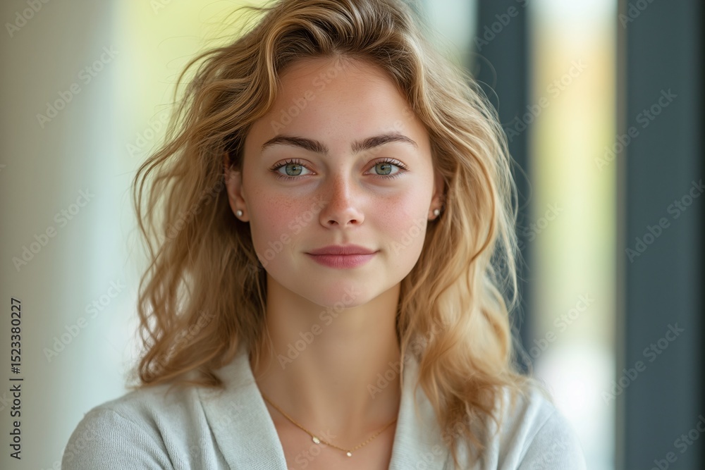 Fototapeta premium Natural Beauty Portrait of Young Woman with Long Hair and Green Eyes in Casual Style
