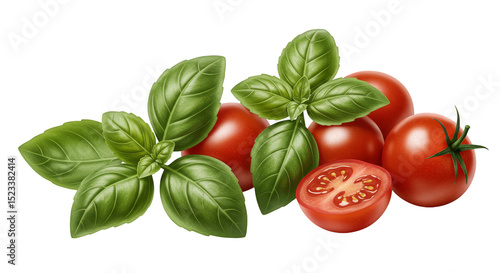 Isolated Still Life Tomatoes and Basil Leaves with Transparent Background