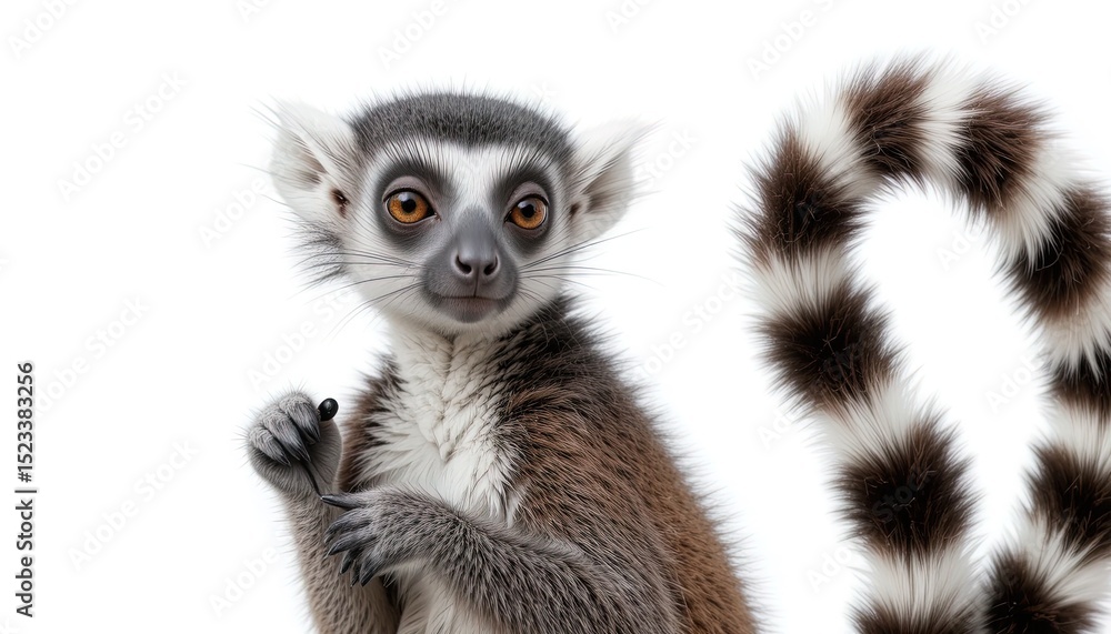 Fototapeta premium Close-up of a ring-tailed lemur against a white background.