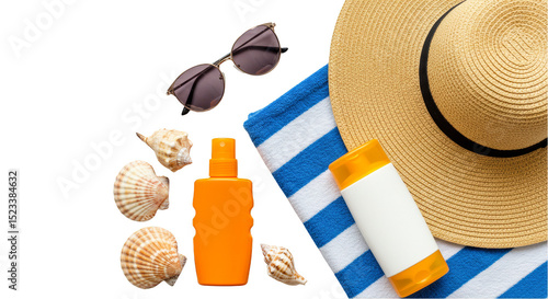 Transparent Background Flatlay with Summer Beach Accessories Vacation
