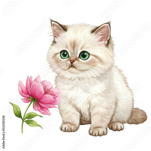 Watercolor Illustration of a Cute White Kitten with Pink Flower Pet Portrait