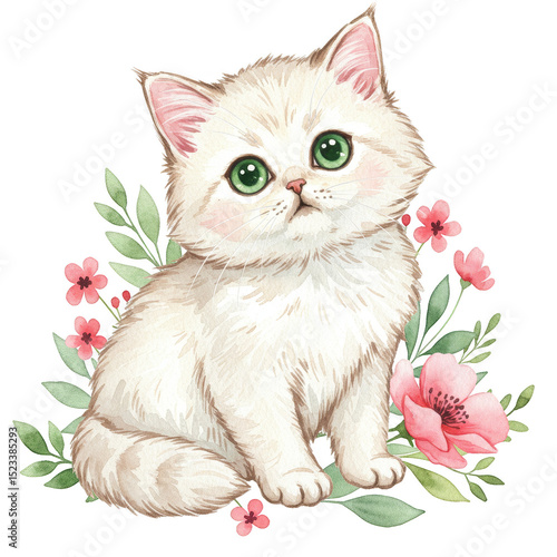 Watercolor Illustration of Cute Cat Kitten with Floral Decoration