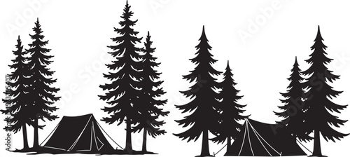 Camping tent among pine trees vector illustration