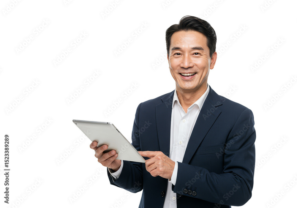 Portrait of Asian Businessman Holding Tablet Computer Over Transparent Background Portrait of Asian Businessman Holding Tablet Computer Over Transparent Background