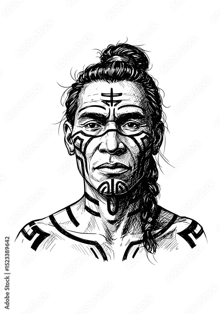 Fototapeta premium Indigenous man with tribal tattoos, Monochromatic sketch, Transparent background. Indigenous Peoples Day, Indigenous Culture, Tradition. Editorial, Education, Cultural Projects, Awareness, Design