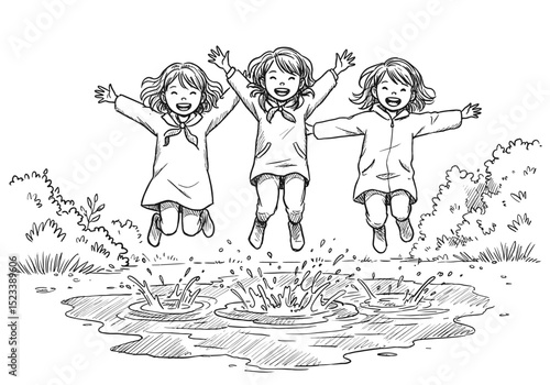 Three girls joyfully jumping in puddles together on a sunny day for International Friendship Day  