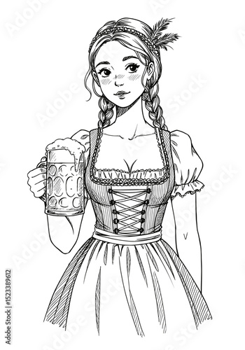 Girl in traditional dirndl holding beer mug for International Beer Day  