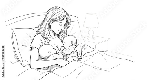 Mother breastfeeding twins in bed during World Breastfeeding Week  