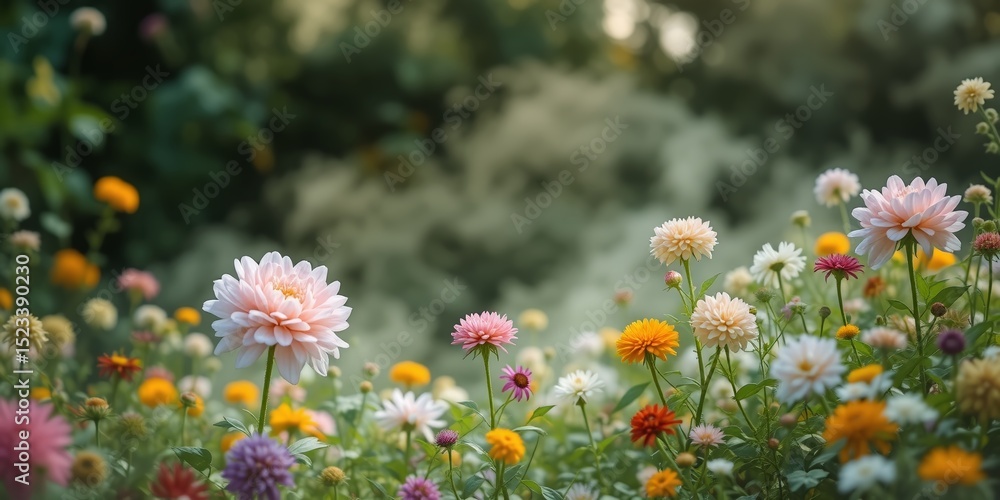 Obraz premium Delicate Floral Garden Under a Soft Cloud Sky