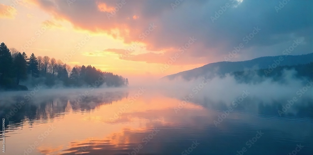 Misty morning on the Bay, fog rolling in over calm water, dramatic sky, beautiful light Perfect for travel, weather, nature, and coastal themes , light, moody, sunrise Misty morning on the Bay, fog rolling in over calm water, dramatic sky, beautiful light Perfect for travel, weather, nature, and coastal themes , light, moody, sunrise