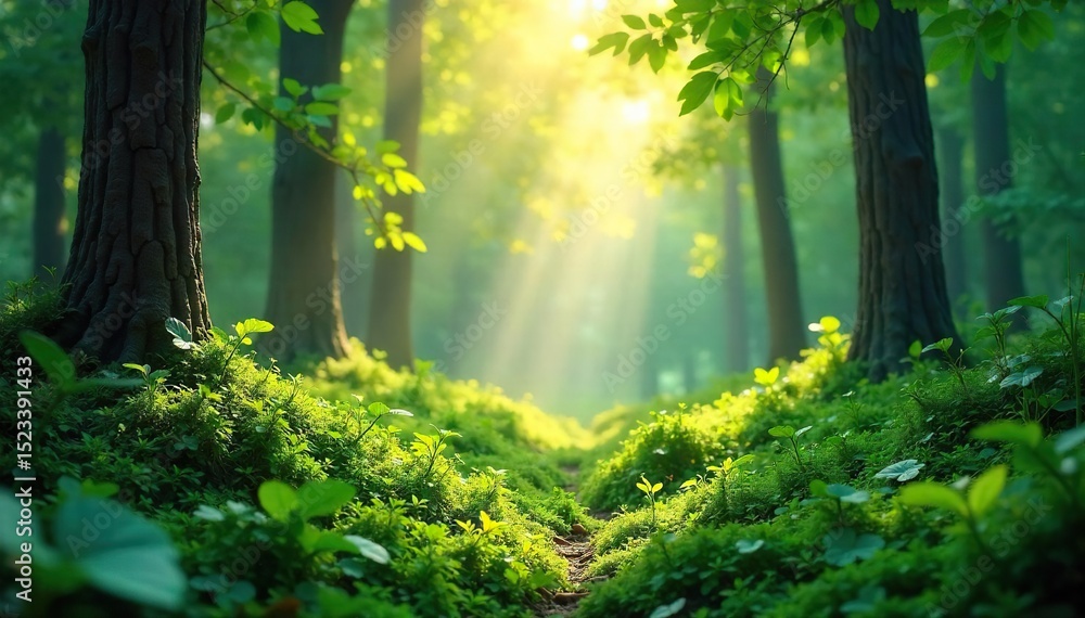 Fototapeta premium Sunlight dappling through leaves onto a lush green forest floor, creating a serene and natural spa-like atmosphere Perfect for relaxation and wellness themes , serene scene, ground